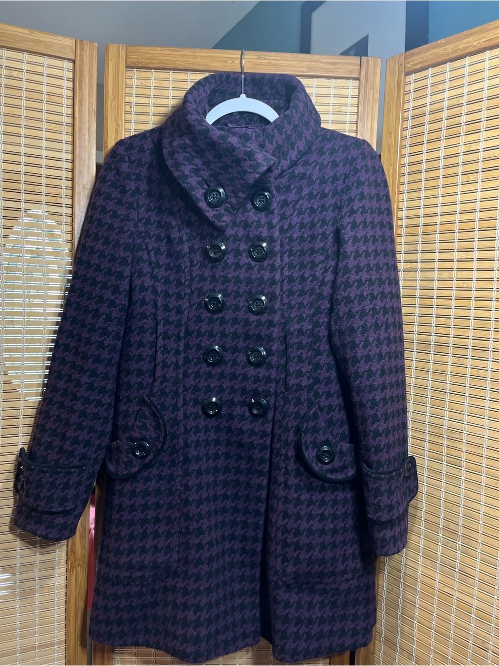 purple and black houndstooth double-breasted peacoat Sz Medium